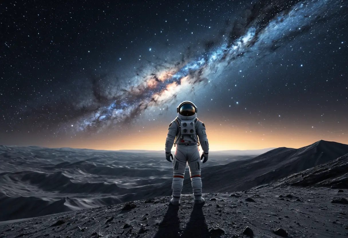 荒涼とした異星の地表に立つ孤独な宇宙飛行士。頭上には無数の銀河が輝く夜空が広がっているが、周囲には自分以外に誰もいない。
