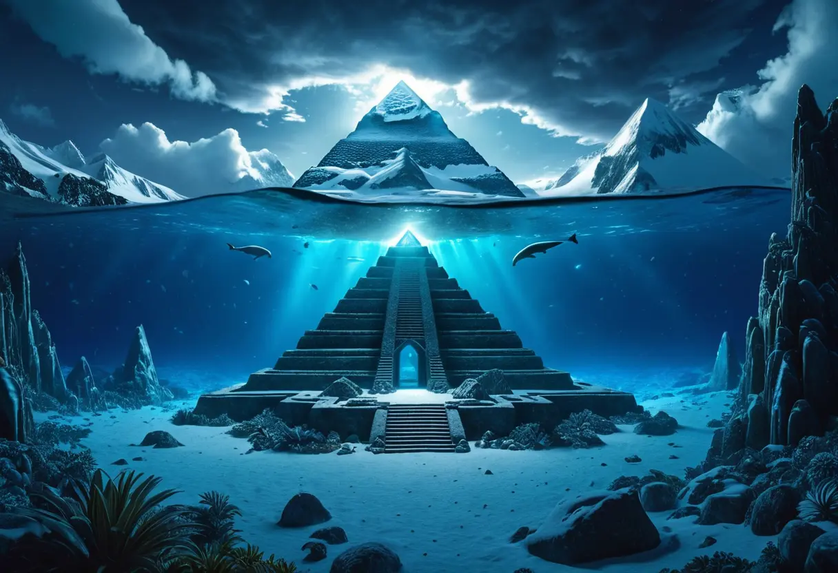 海底に沈む巨大な都市のシルエット。その上には、アトランティス、ムー、そして南極のピラミッドが象徴的にレイアウトされている幻想的なイメージ。