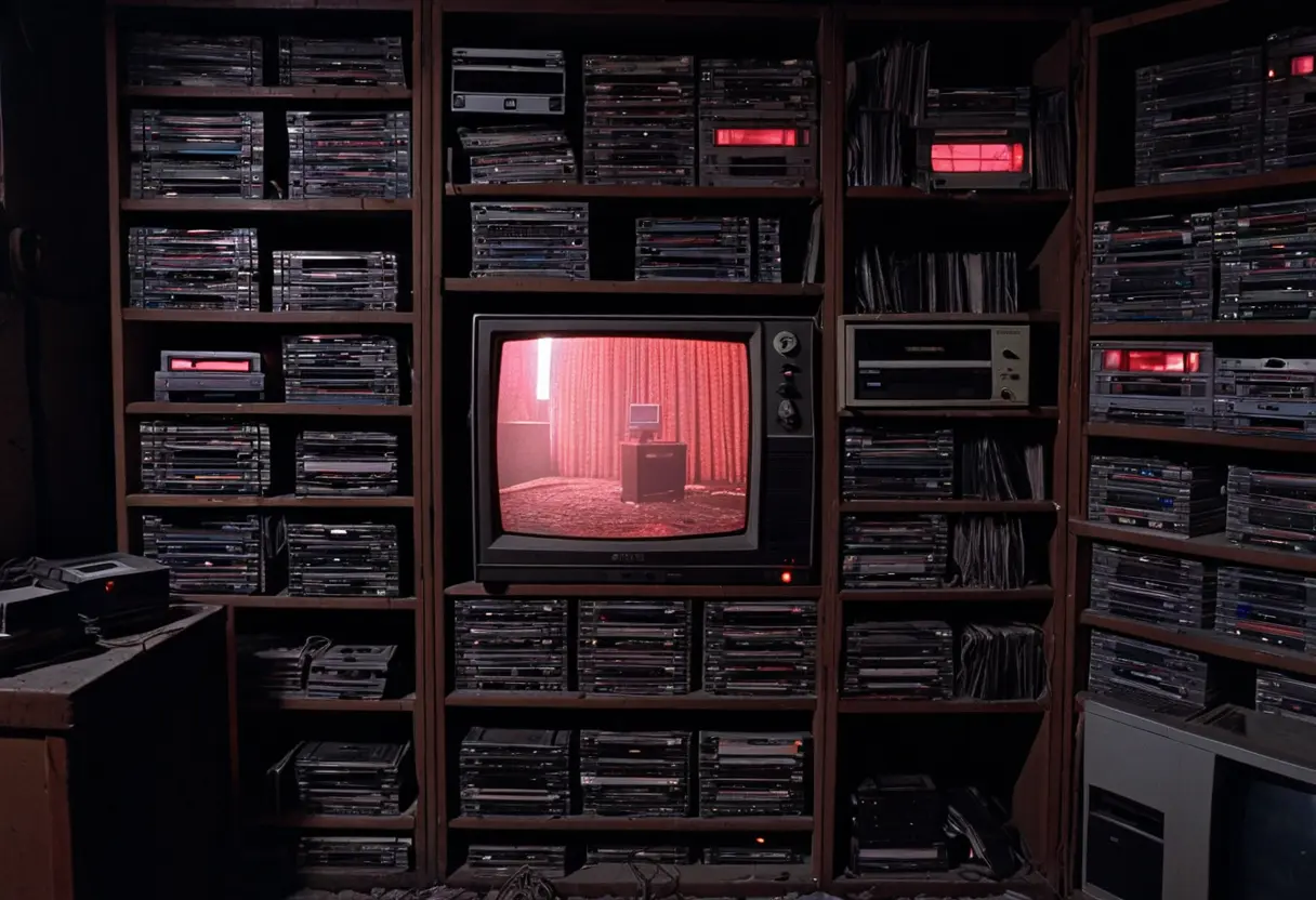 埃を被った古いフロッピーディスクとVHSテープの山。