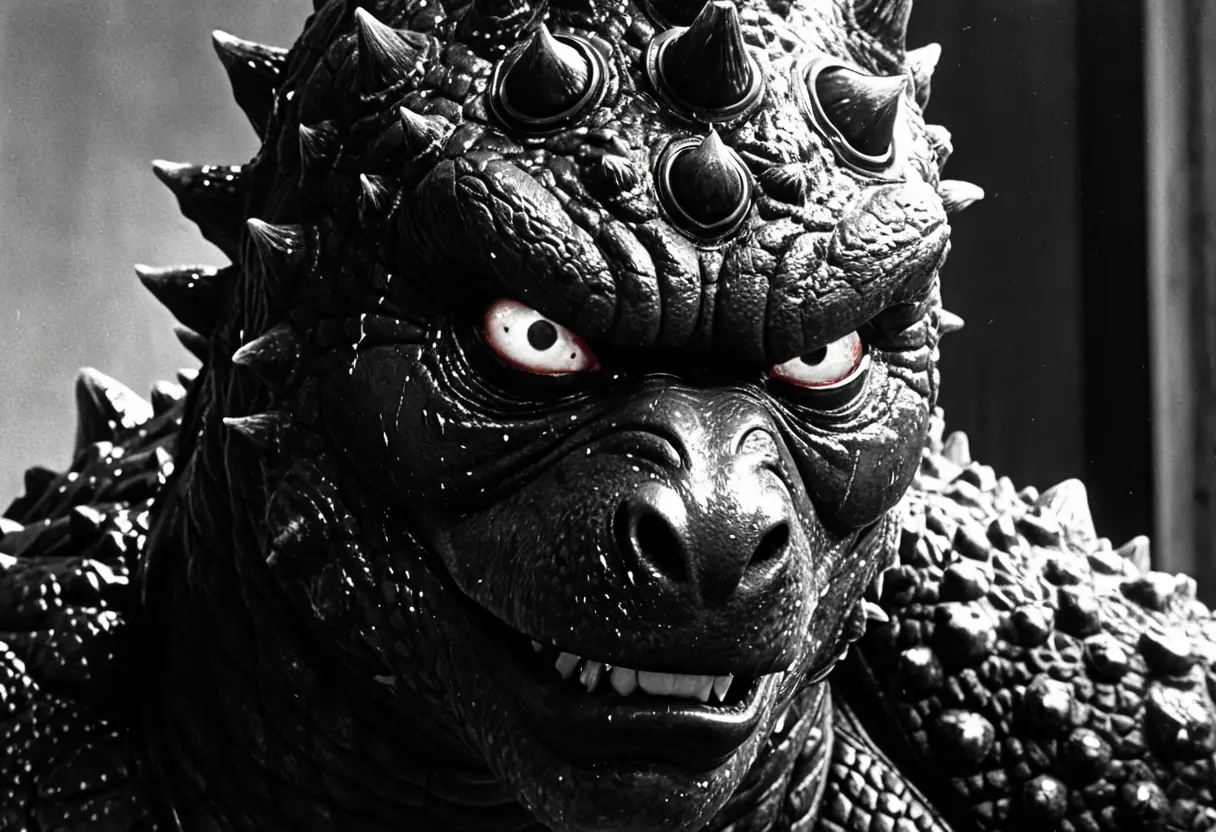 1954年のゴジラの着ぐるみの顔のアップ。しかし、本来は覗き穴であるはずの部分から、血走った人間の目が生々しくこちらを見つめている。モノクロのノイズ混じりの映像。