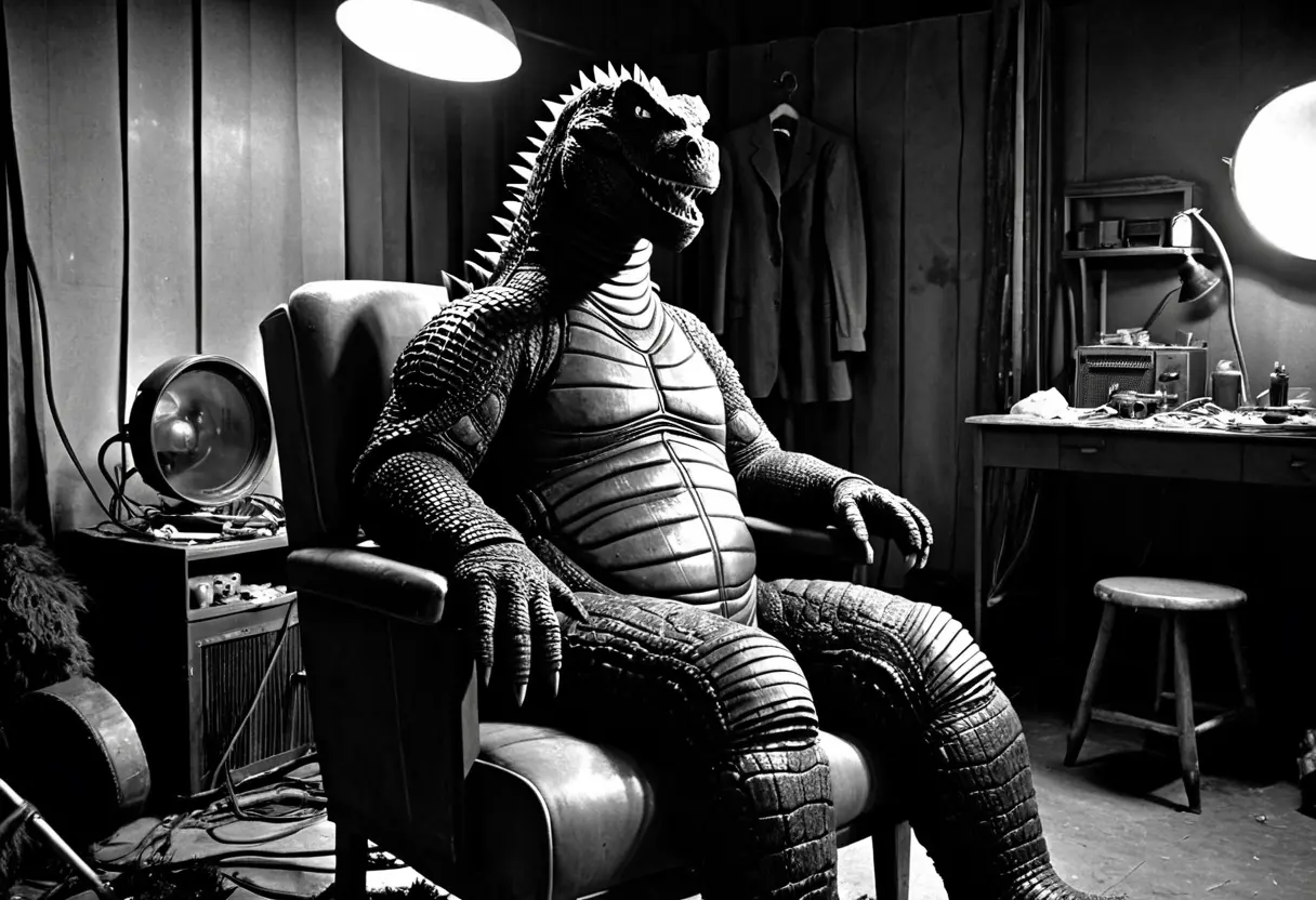 撮影所の楽屋。椅子に座るゴジラのスーツだが、スーツの背中が破れ、そこから異常な肉の塊が突き出している。傍らには動揺するスタッフの足元が見える。