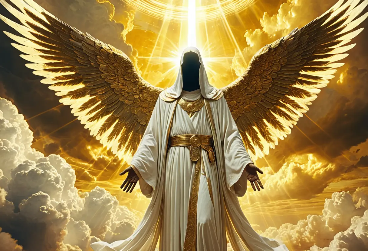 雲の上に立つ、白く光る巨大な翼を持った天使。しかし、その顔は黒い穴が開いたように判別できず、周囲には神々しさよりも威圧的な恐怖が漂っている。