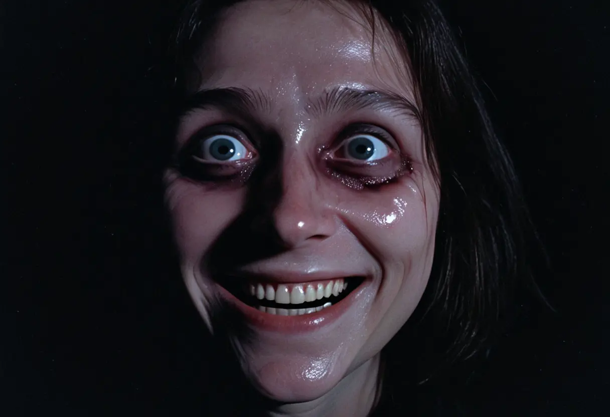 暗闇の中に浮かび上がる、極端に細長く歪んだ人間の顔。目は空洞のように黒く、口は不自然に横に裂けて笑っている。VHSのノイズが激しくかかっている。