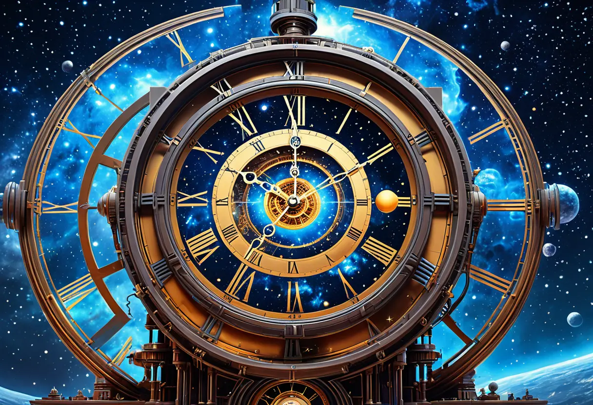 歪んだ時計の文字盤と衝突する銀河。