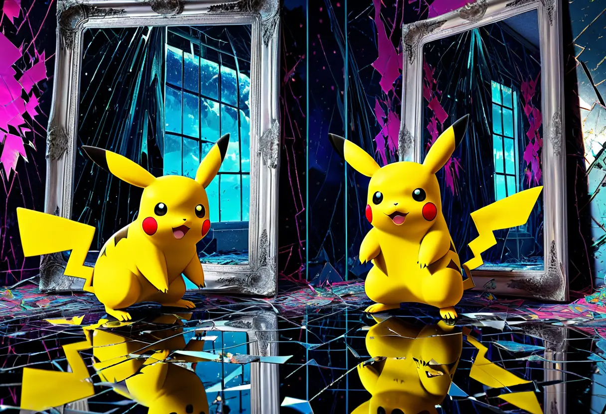 二つの異なるデザインが重なり合い、磁気ノイズのように崩れているイメージ。