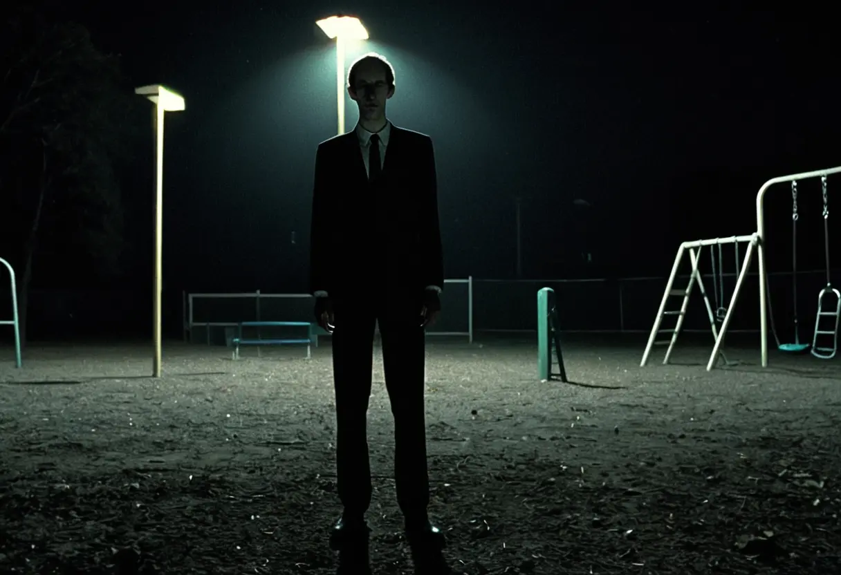 2000年代後半の画質のビデオ映像。夜の公園の遊具の陰に、顔が白く塗りつぶされたような、背の高いスーツ姿の男が立っている。画面には細かなドットのノイズが走っている。