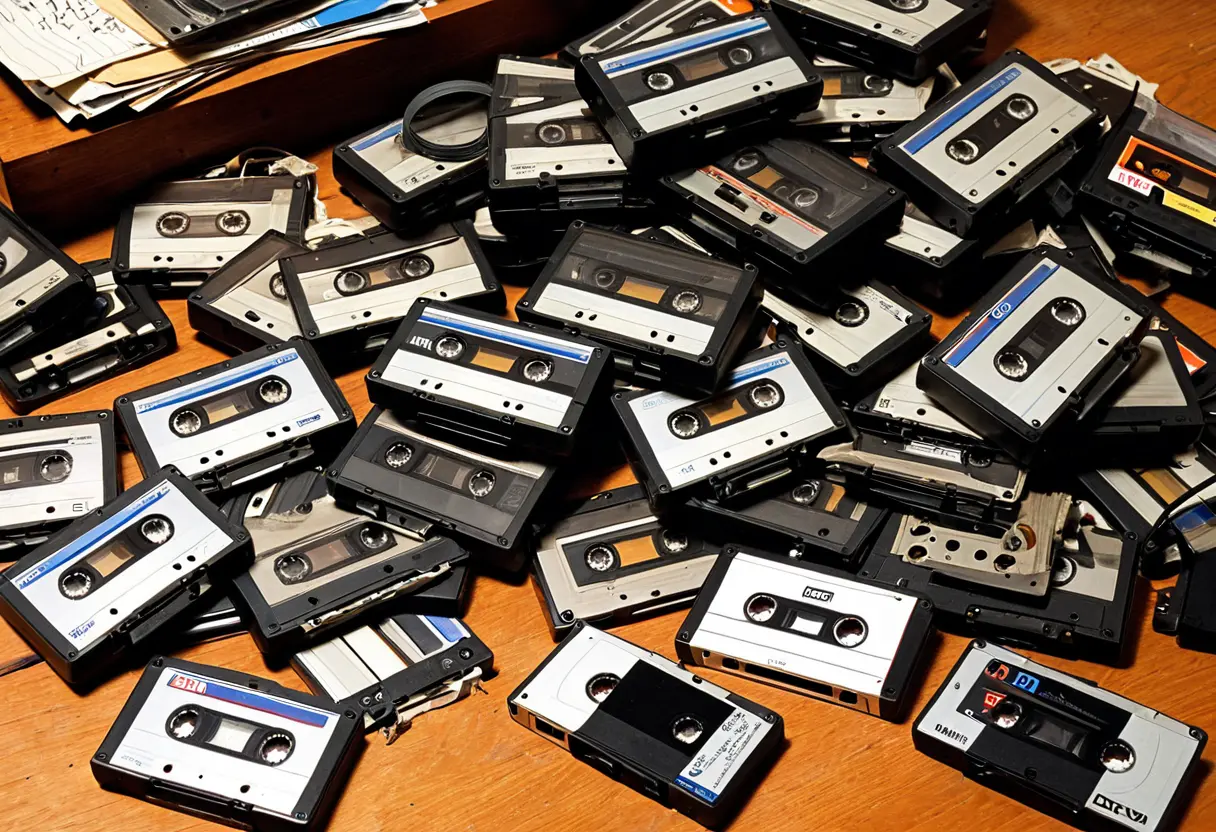 古いミニDVテープの山。一本一本に「ENTRY #」と殴り書きされており、背景には「見ているぞ」という不気味なメッセージが書かれたメモがある。