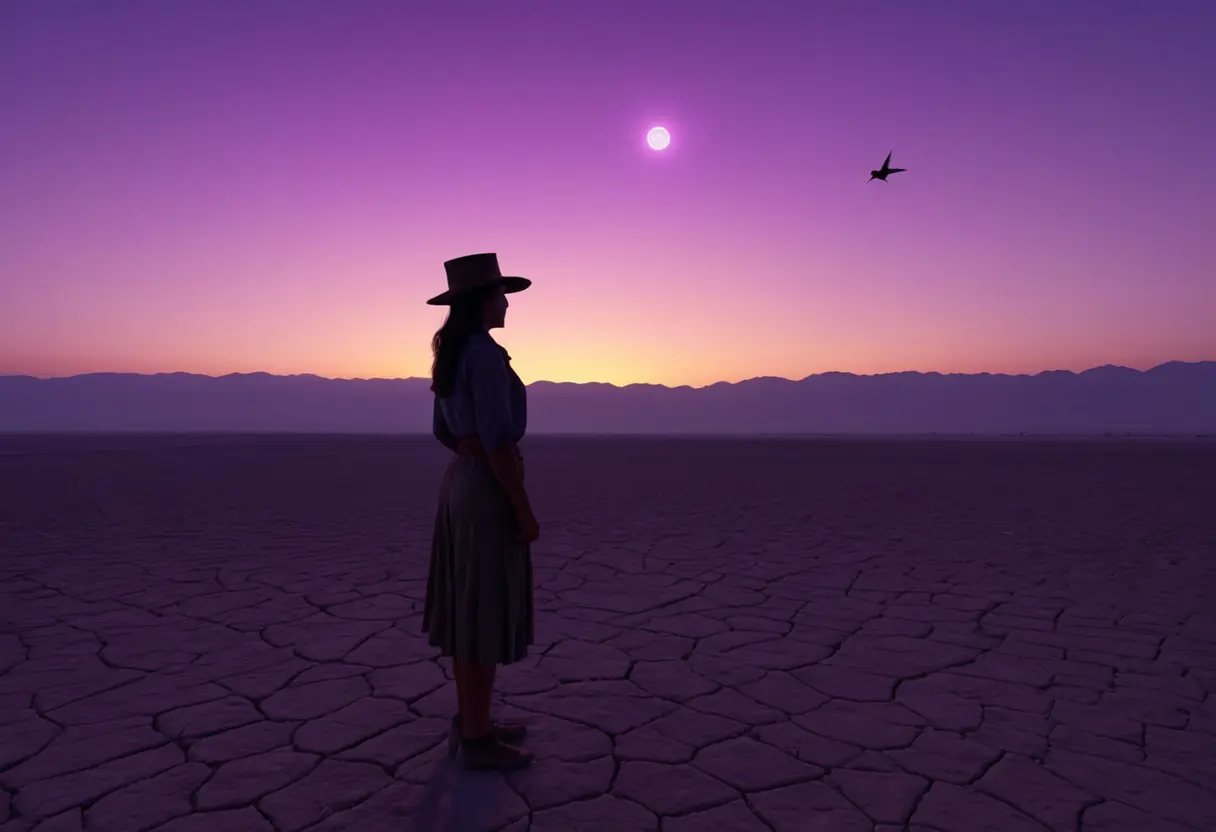 夜のナスカ砂漠で、松明を持ったマリア・ライヒが巨大なハチドリを見つめている。背後には星空が広がり、一部の線が星と一致している。