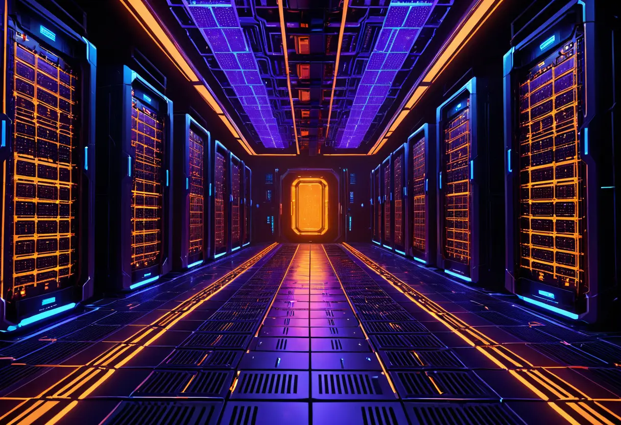 地下深くで輝く量子コンピュータのコアと投影されるホログラム。