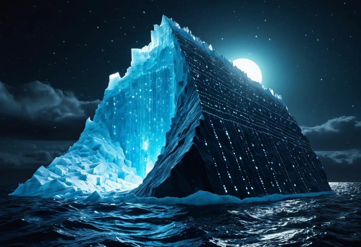 海に浮かぶ巨大な氷山の断面。最下層には幾何学的な光を放つコアが沈んでいる。