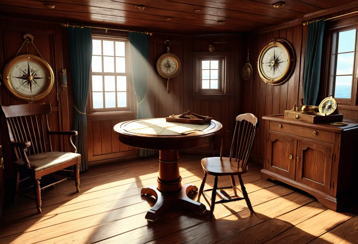 船長室のテーブルの上に置かれたままの海図と、誰もいない椅子