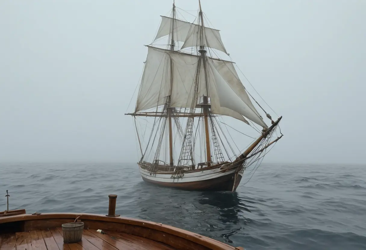 穏やかな海を漂うメアリー・セレスト号の外観と、誰もいない甲板に転がった一つの樽