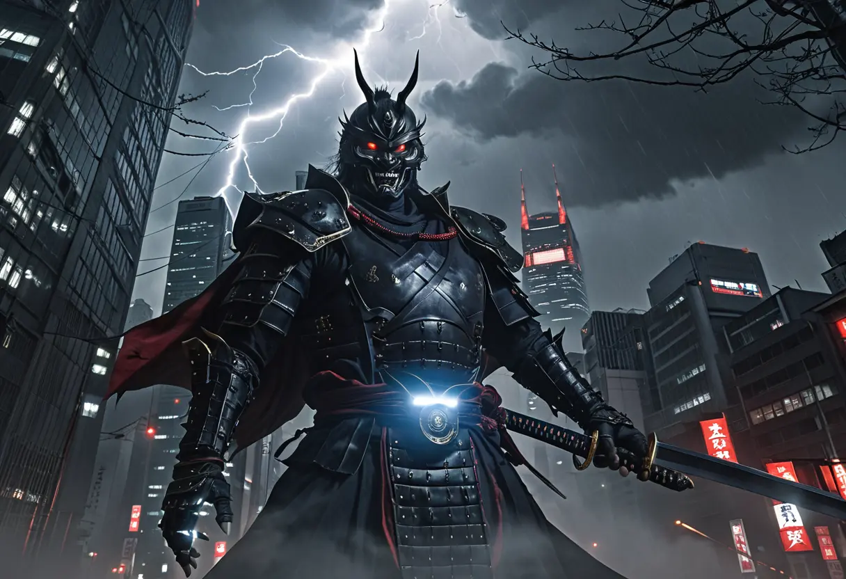 怒りに満ちた平将門の鎧姿の武者が、現代の東京の空に巨大な幻影として現れるイメージ