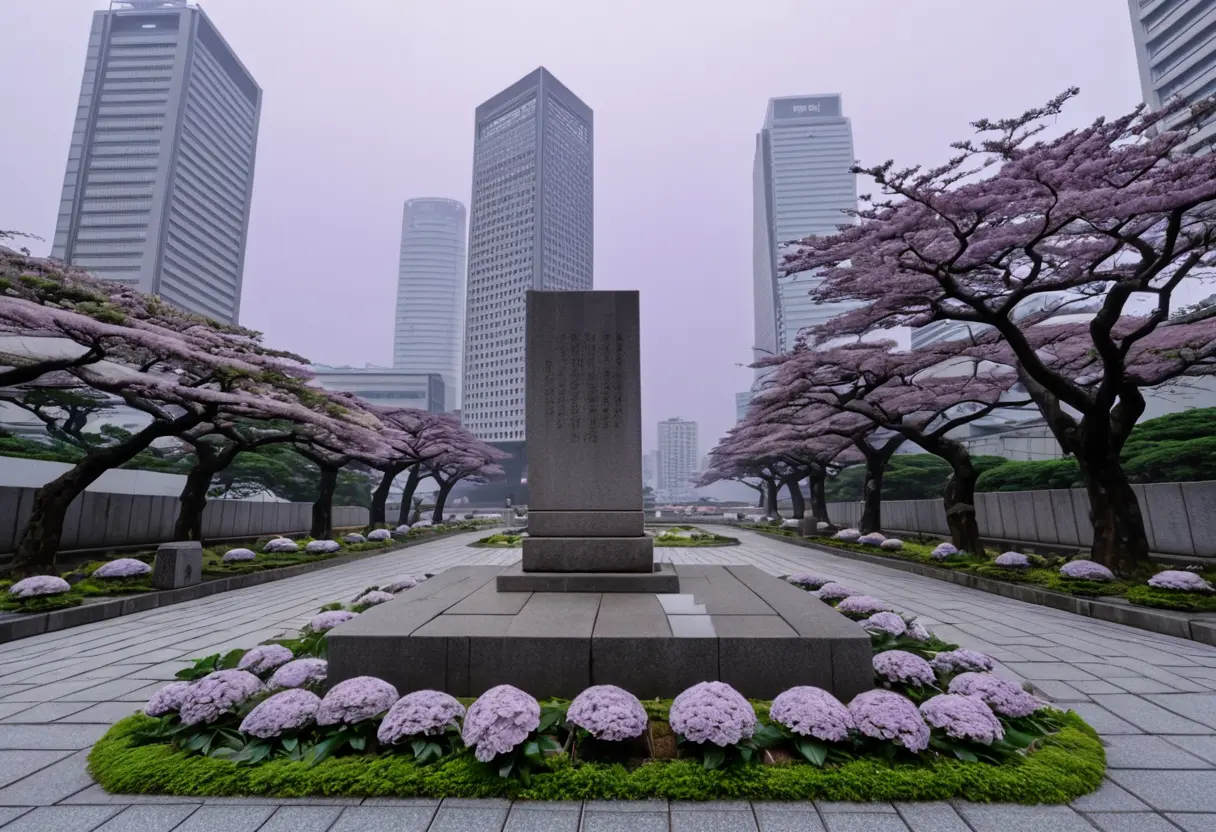 立ち並ぶ近代的な高層ビルの谷間にひっそりと佇む、石造りの平将門の首塚