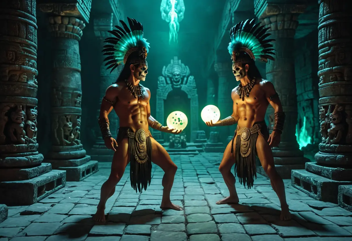冥界の地下球技場で。輝くゴム毬を追いかけるマヤの戦士たち。背後には骨の装飾を施した神々が審判として座っている。