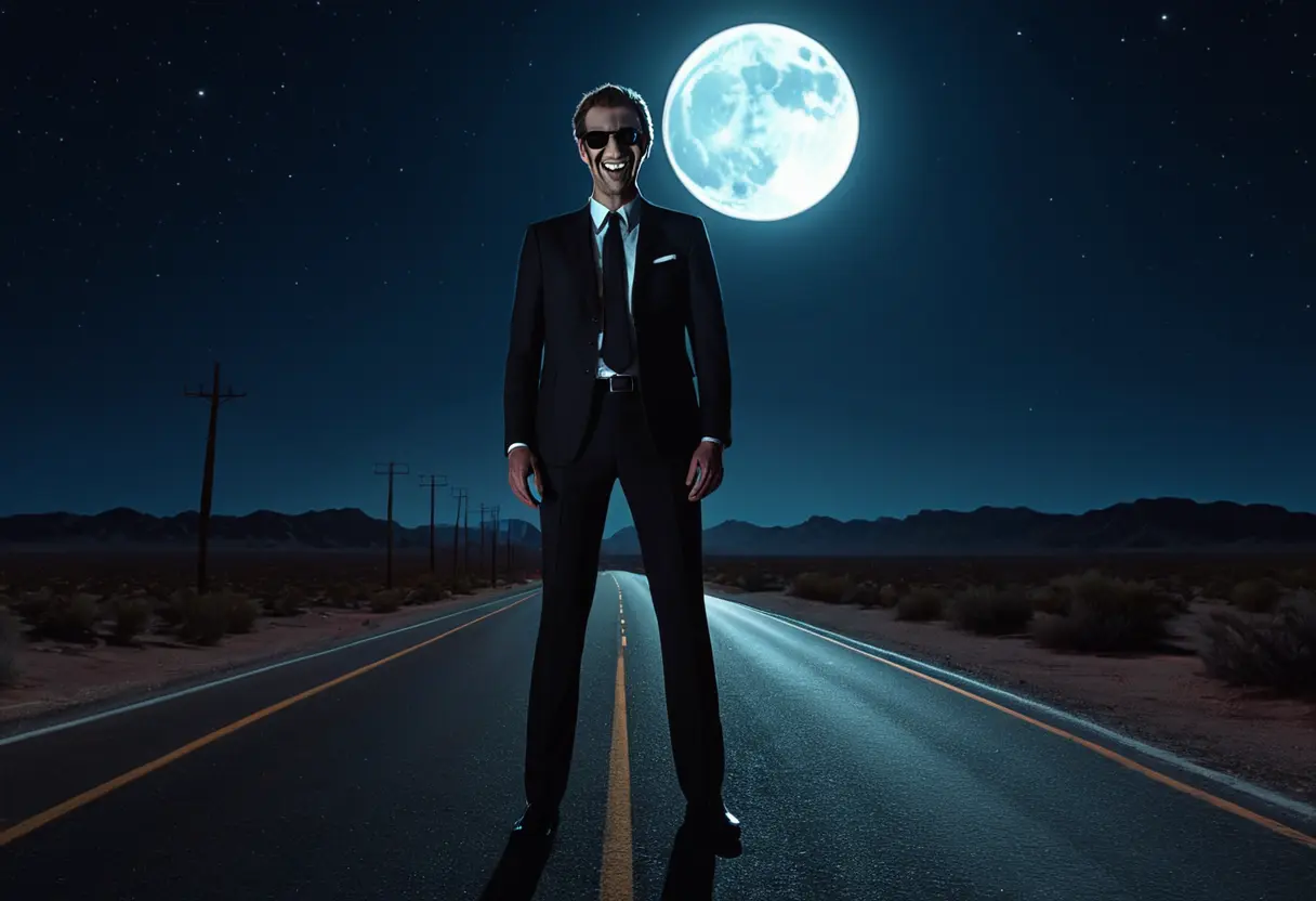 夜のハイウェイ。不気味な笑みを浮かべた背の高い黒服の男が立っている。