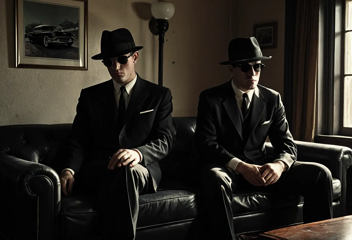 薄暗い部屋。テーブルを挟んで、表情のない二人の黒服の男が目撃者を追い詰めている。窓の外には黒いキャデラックが止まっている。