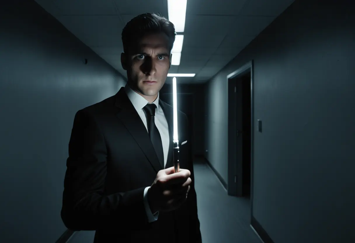 全身を黒い服で包んだ男が、明るい光を放つ小さなデバイスをこちらに向けている。視界が白んでいく様子。