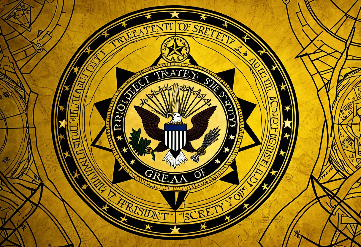 古い羊皮紙のような公文書の上に、人間の署名と、奇妙なシンボルが並んで記されている。