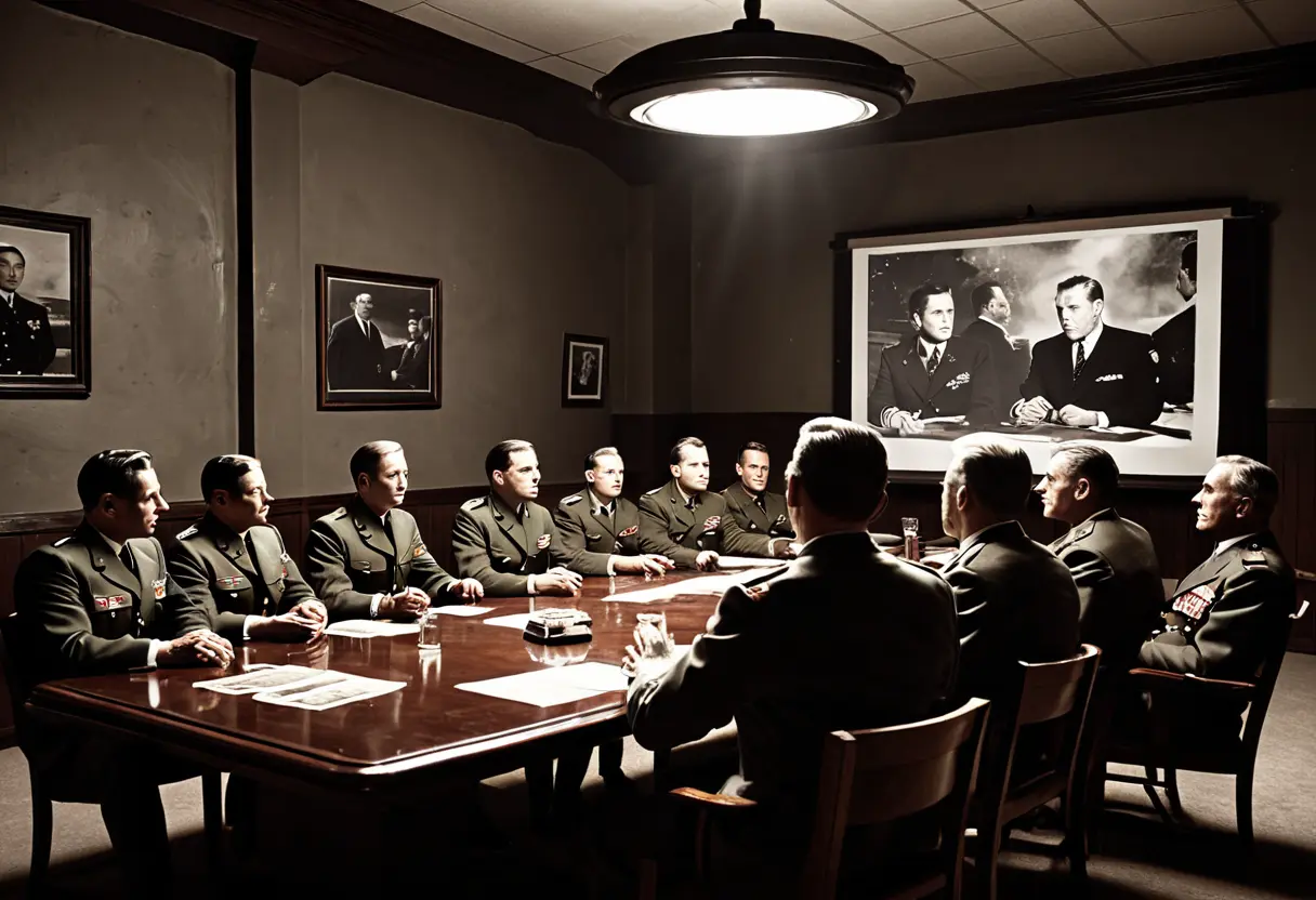 1950年代のホワイトハウスの地下室のような、煙草の煙が立ち込める会議室。軍服やスーツを着た12人の男たちが、UFOの写真を見ながら密談している。