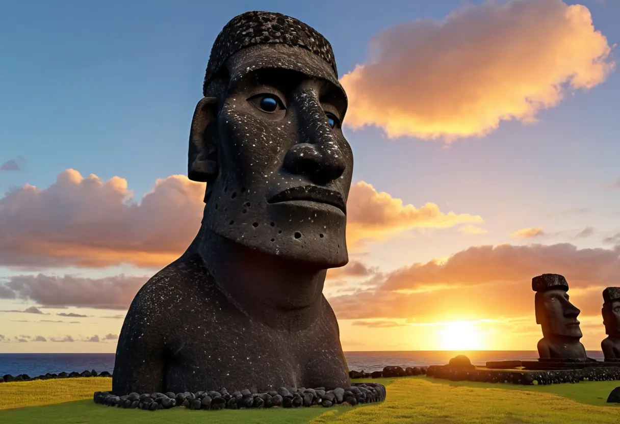 サンゴの目がはめ込まれたモアイ像。夕暮れの光の中で、その目が怪しく、かつ神々しく輝いている