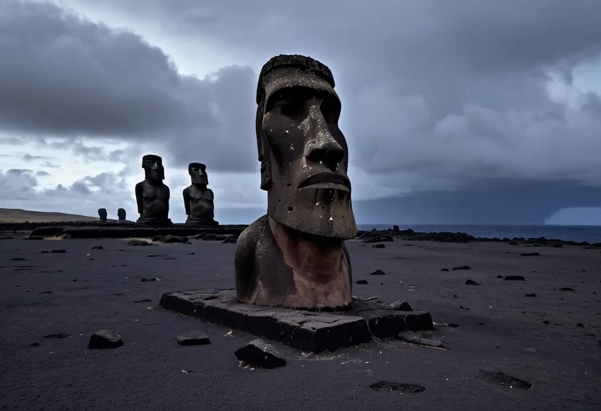 荒廃した草原に倒された巨大なモアイ像。壊れた顔が泥にまみれ、かつての繁栄の影もない