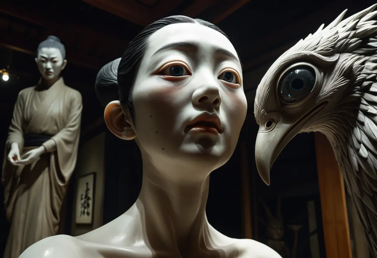 展示会場に置かれた、オリジナルの姑獲鳥の彫像。