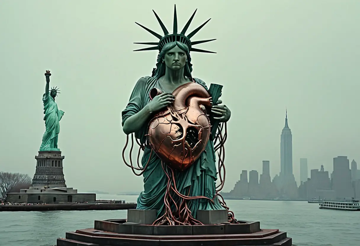 自由の女神の内部構造が露出している様子。台座の中には巨大な心臓のような有機物が詰まっており、女神の顔の部分からは無数の白い触手が溢れ出している。