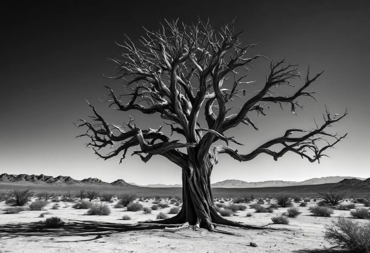 荒野に立つ一本の不気味な枯れ木。枝は不自然に真っ直ぐ伸びており、その周囲には空間が歪んでいるような激しいノイズが発生している。