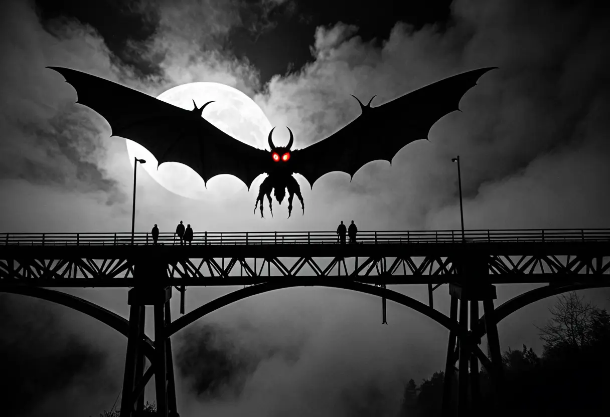 夜の鉄橋。最上部のフレームの上に、モスマンの赤い目が光っている。