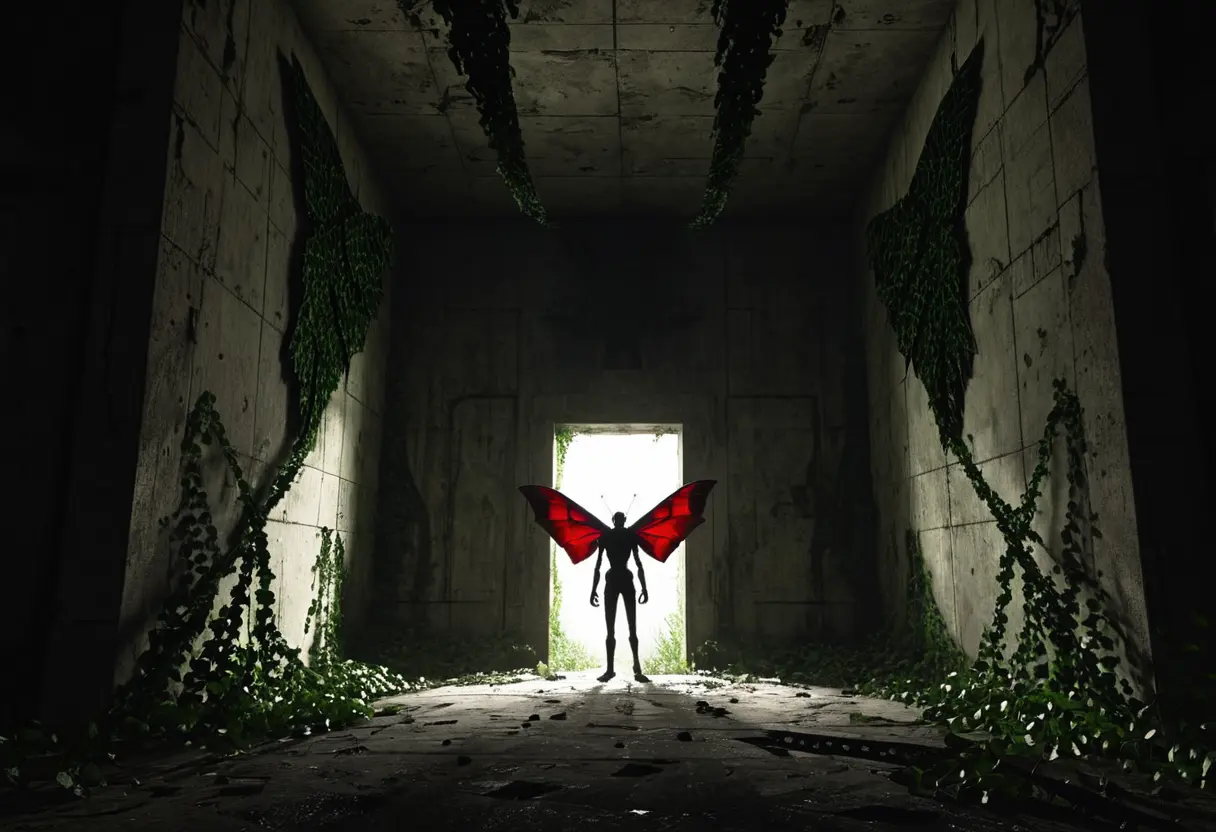 廃墟となった火薬工場の入り口。暗闇の中に浮かび上がる巨大な羽。