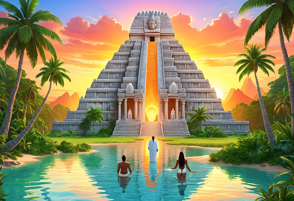 太平洋の真ん中にある、巨大な熱帯の楽園のような大陸。マヤやエジプトのピラミッドに似た巨石神殿が並び、平和な人々が暮らしている。