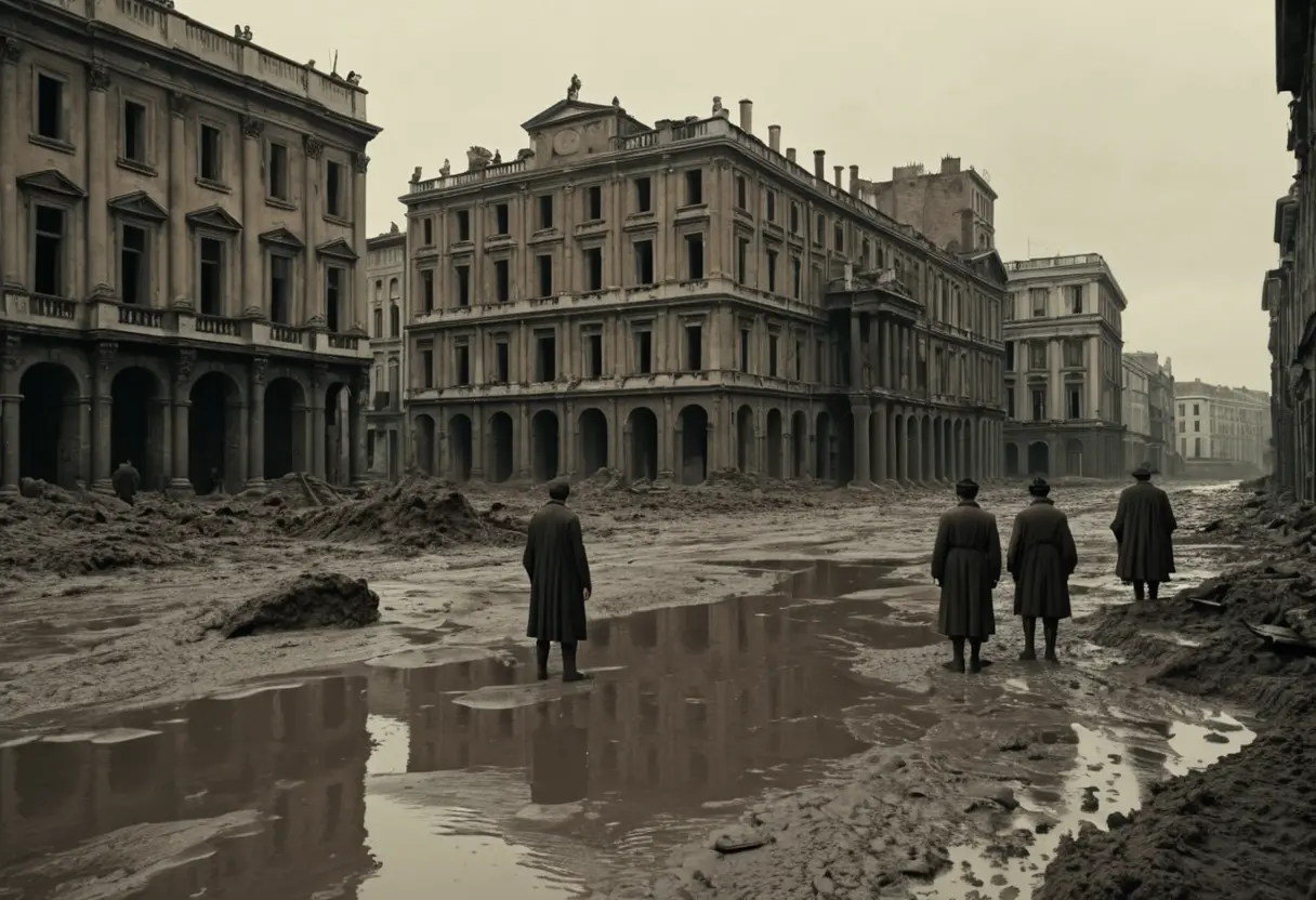 19世紀の美しい石造建築の街並みが、茶色の泥に半分以上飲み込まれ、途方に暮れる人々の姿を描いたセピア調の光景。