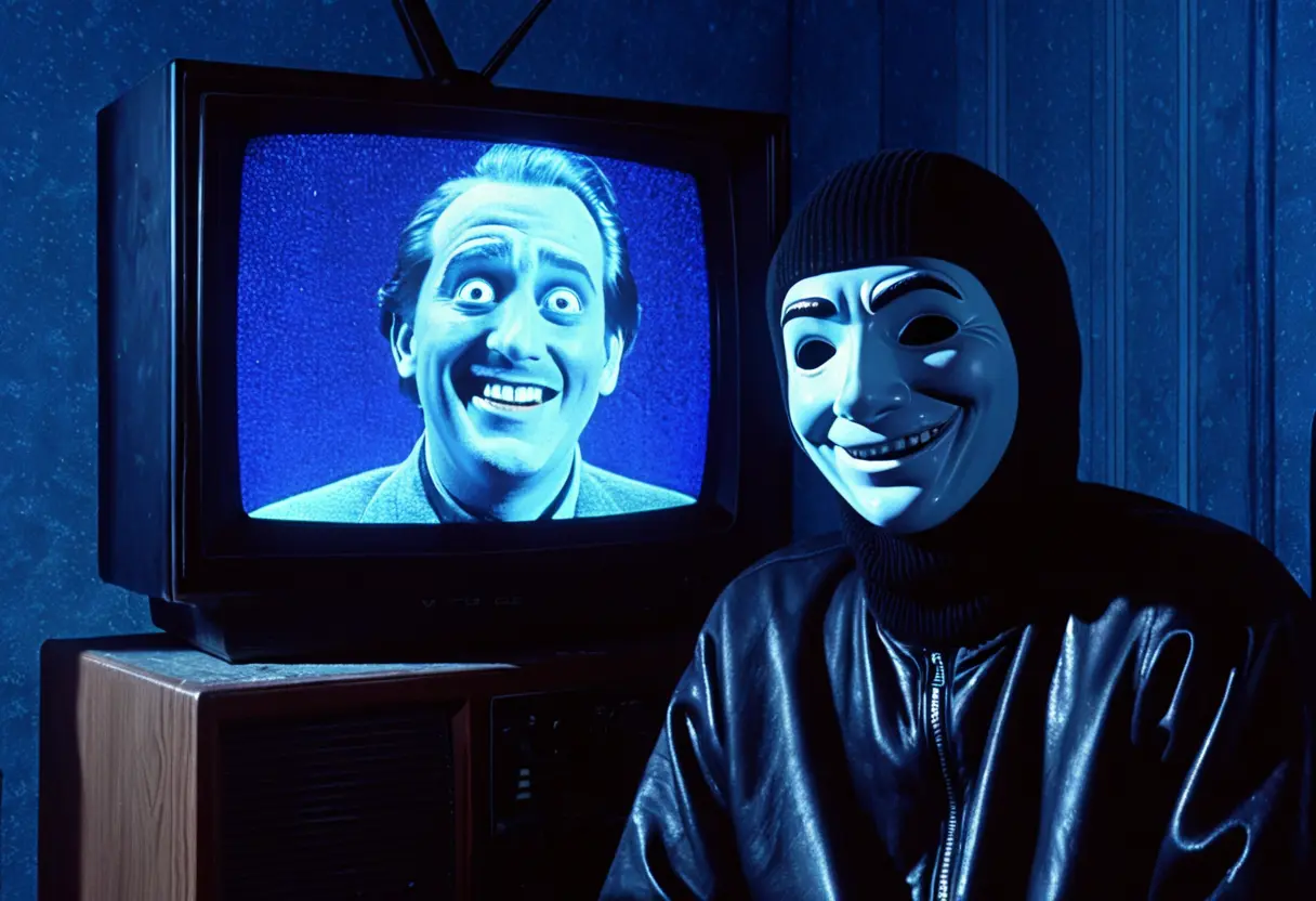 古いテレビ画面に映る不気味なゴムマスクの男。