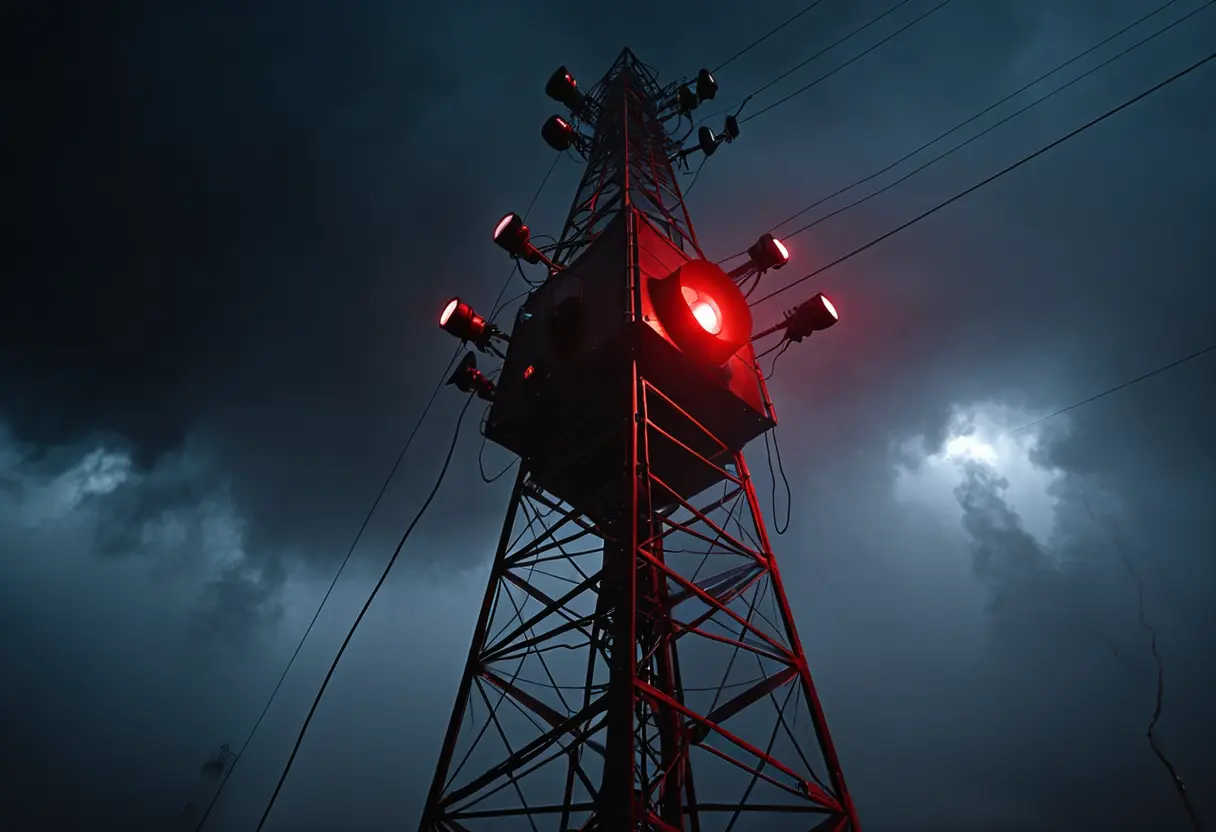 夜の嵐の中に建つ、不気味に明滅する放送アンテナ。