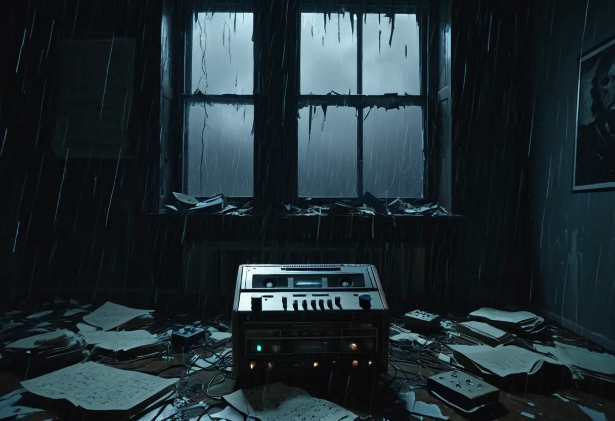 嵐の夜、窓ガラスに映る得体の知れない影と、古びた記録メディアのノイズ