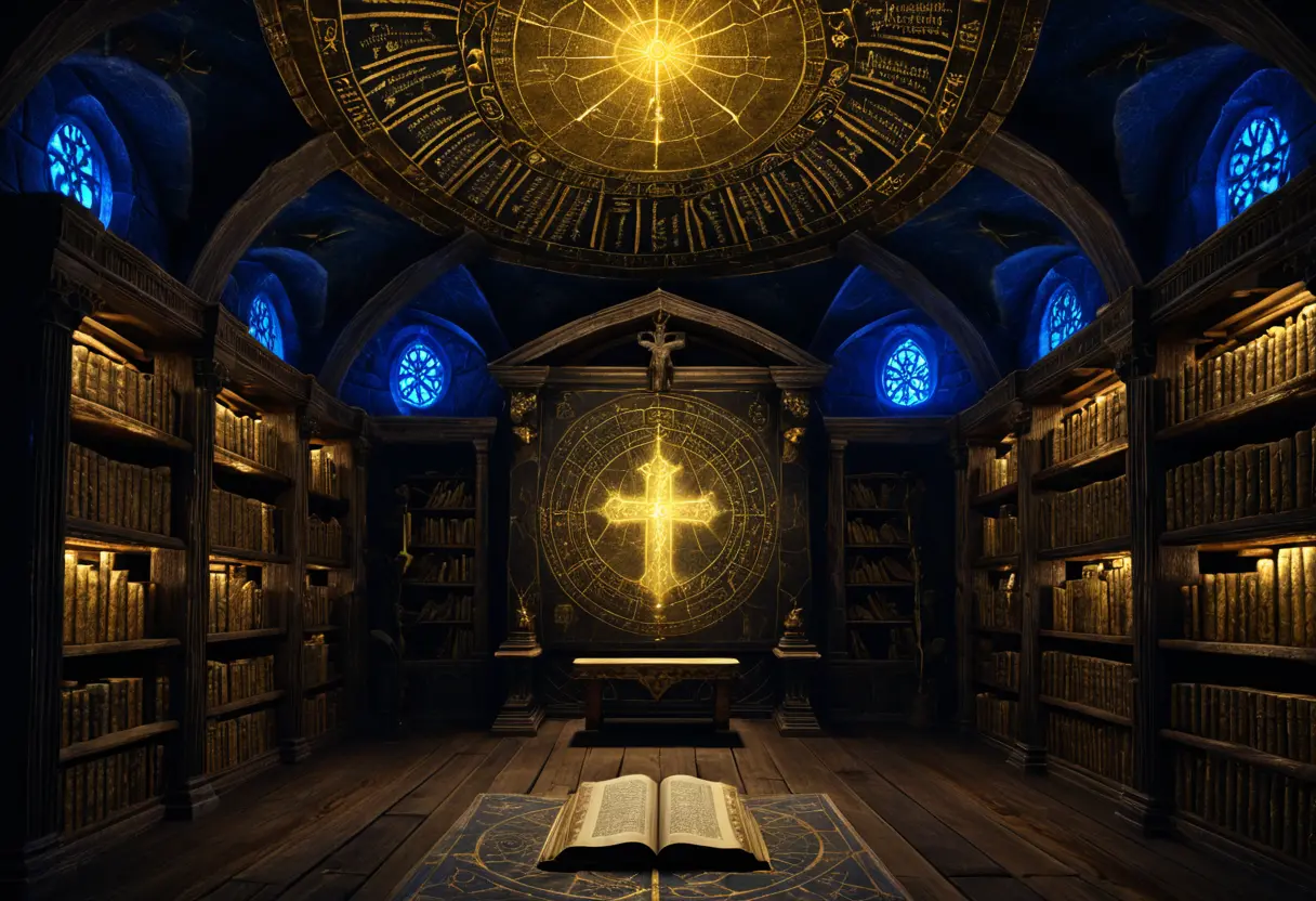 黄金の光を放つ「生命の樹」の図解が壁面に投影された、厳かな石造りの秘密の図書室。