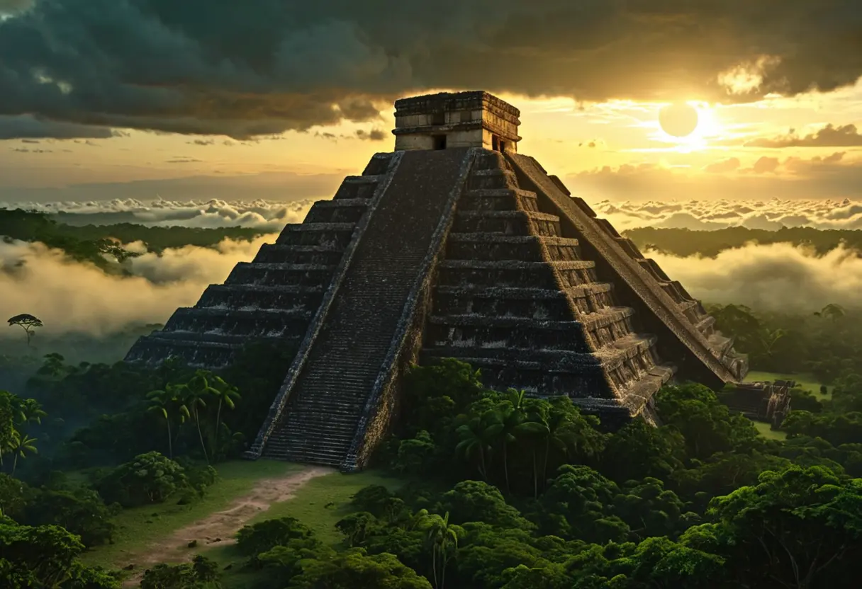 密林の中にそびえ立つ霧に包まれた巨大なマヤの神殿。空には金星が輝き、翼を持つ蛇のシルエットが雲間に見える