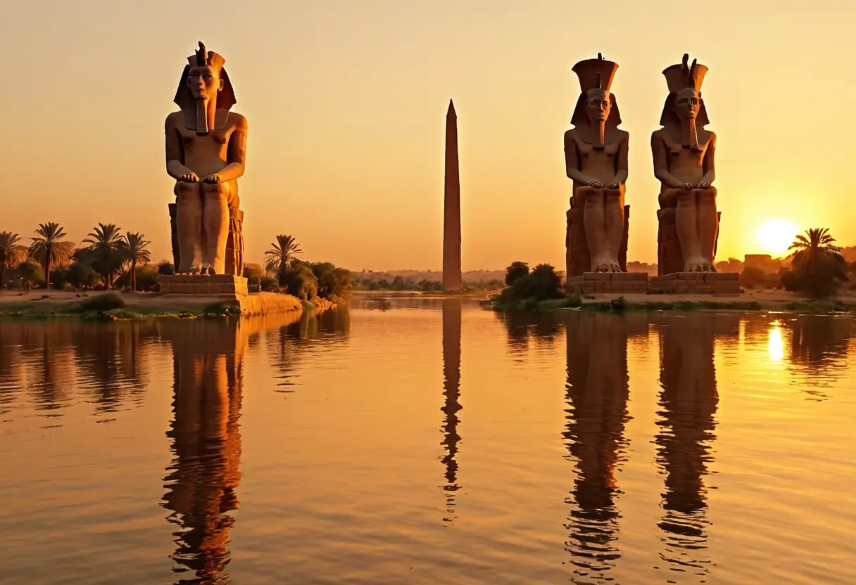 黄金に輝くナイル川の夕暮れ。川沿いには巨大な像とオベリスクが並び、空には隼の影が横切っている