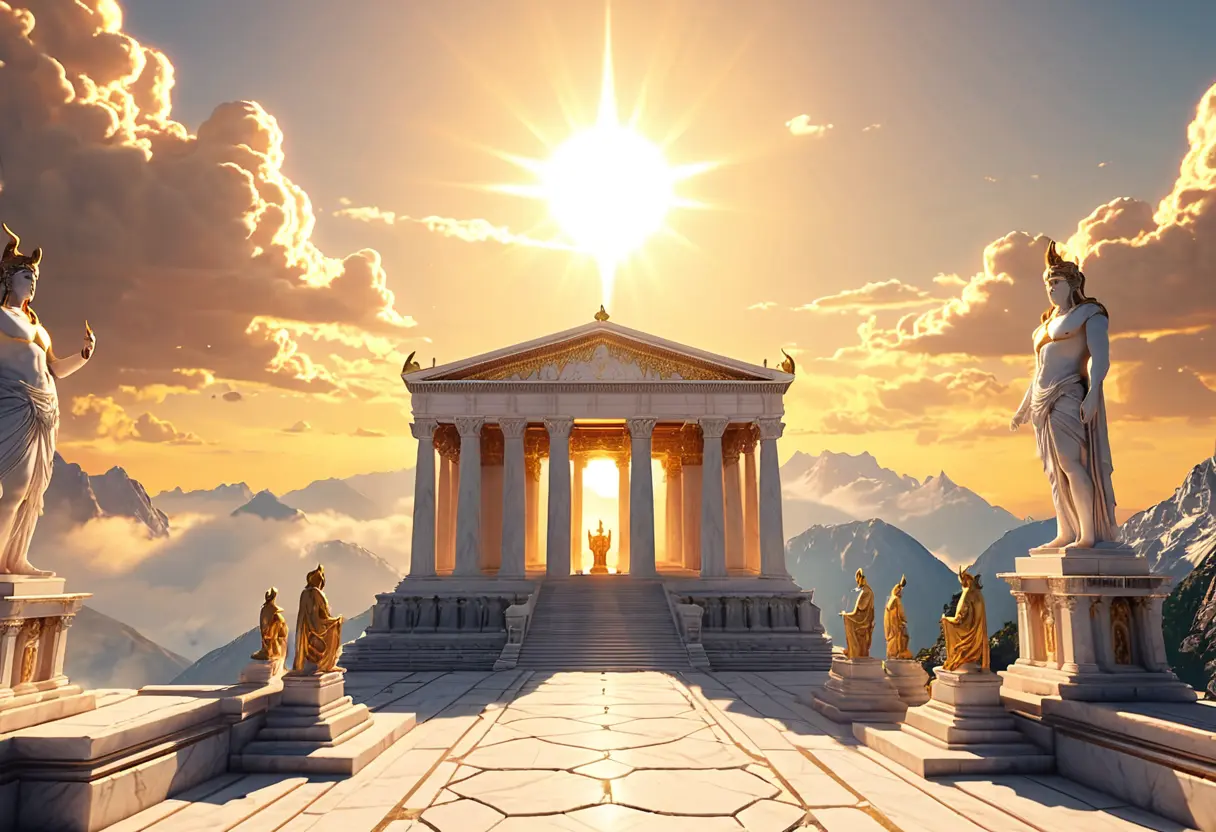 雲の上にそびえ立つ、白亜の神殿オリンポス。黄金の光が降り注ぎ、背後には壮大な神々の像が立ち並んでいる
