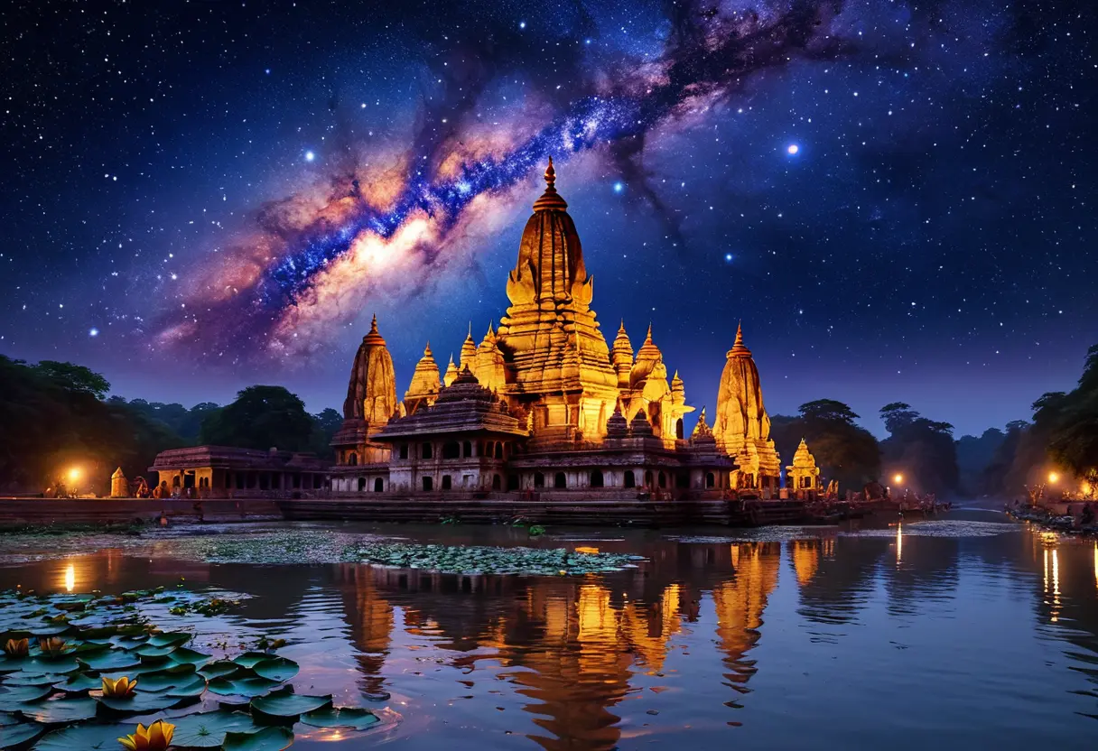 黄金に輝くガンジス川の畔。無数の寺院の塔（シカラ）がそびえ立ち、上空には宇宙の銀河が渦巻いている。神秘的な蓮の花が水面に浮いている