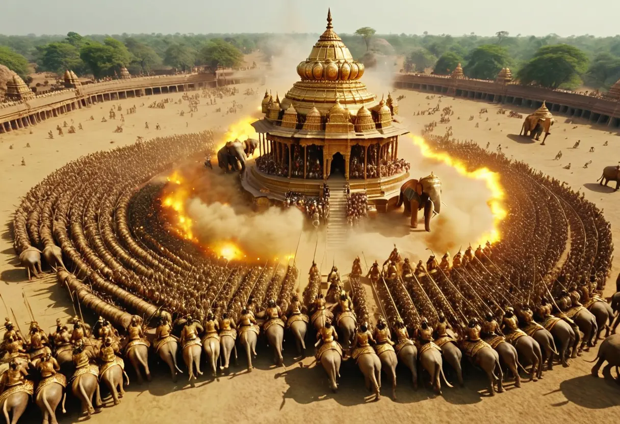 大平原を埋め尽くす二つの大軍勢が激突する直前のシーン。中央には黄金の戦車に乗り、光り輝く弓を構えた英雄アルジュナと、手綱を引くクリシュナが描かれている