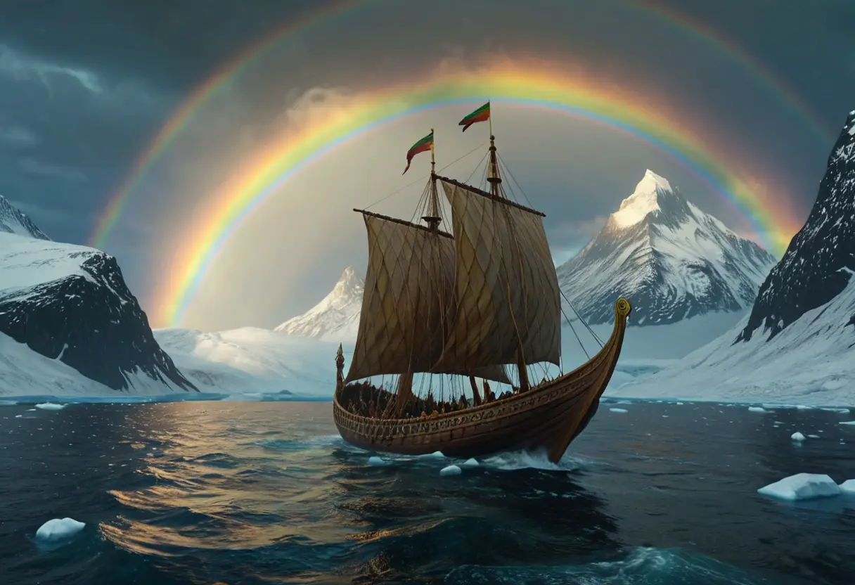 荒れ狂う冬の海を突き進むヴァイキング船。行く手には、空を跨ぐ虹の橋ビフレストと、黄金に輝く空中都市アースガルズがそびえ立っている