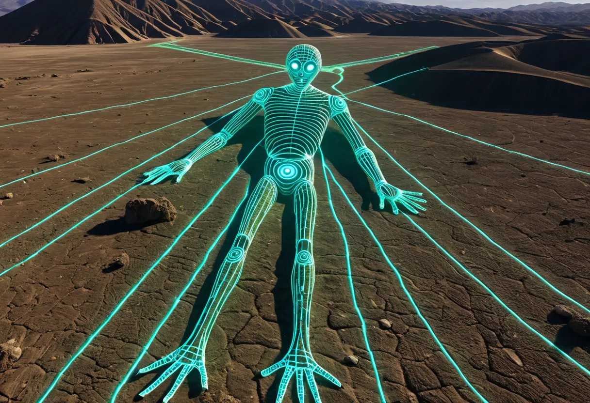 砂漠の中に現れた、これまでにない奇妙な形の人型や幾何学模様が、デジタル解析によって浮かび上がっている様子。