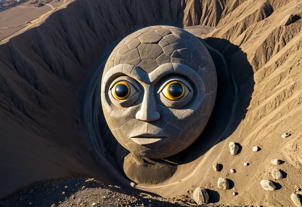 荒涼とした山肌に描かれた、片手を挙げて挨拶しているような人型の地上絵「宇宙飛行士」。夕日に照らされている。