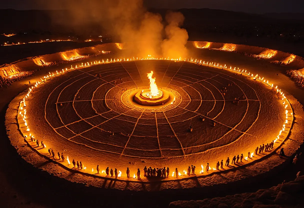 巨大な地上絵の上を、松明を持った多くの人々が列をなして歩いている。空には巨大な雲があり、今にも雨が降り出しそうな雰囲気。