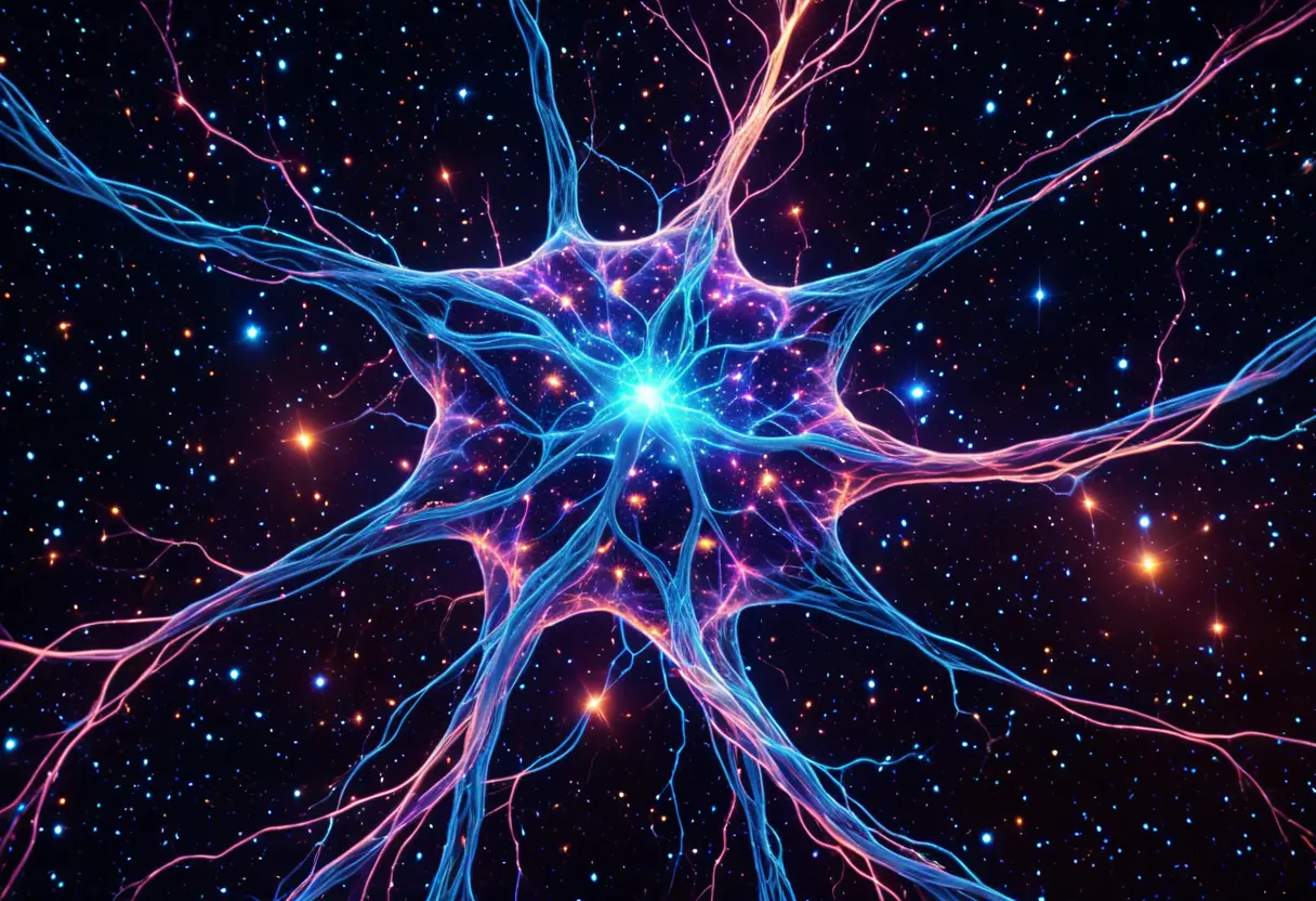 宇宙のような脳の神経ネットワークの中で、ニューロンが美しく発光し、最後のビジョンを作り出しているイメージ