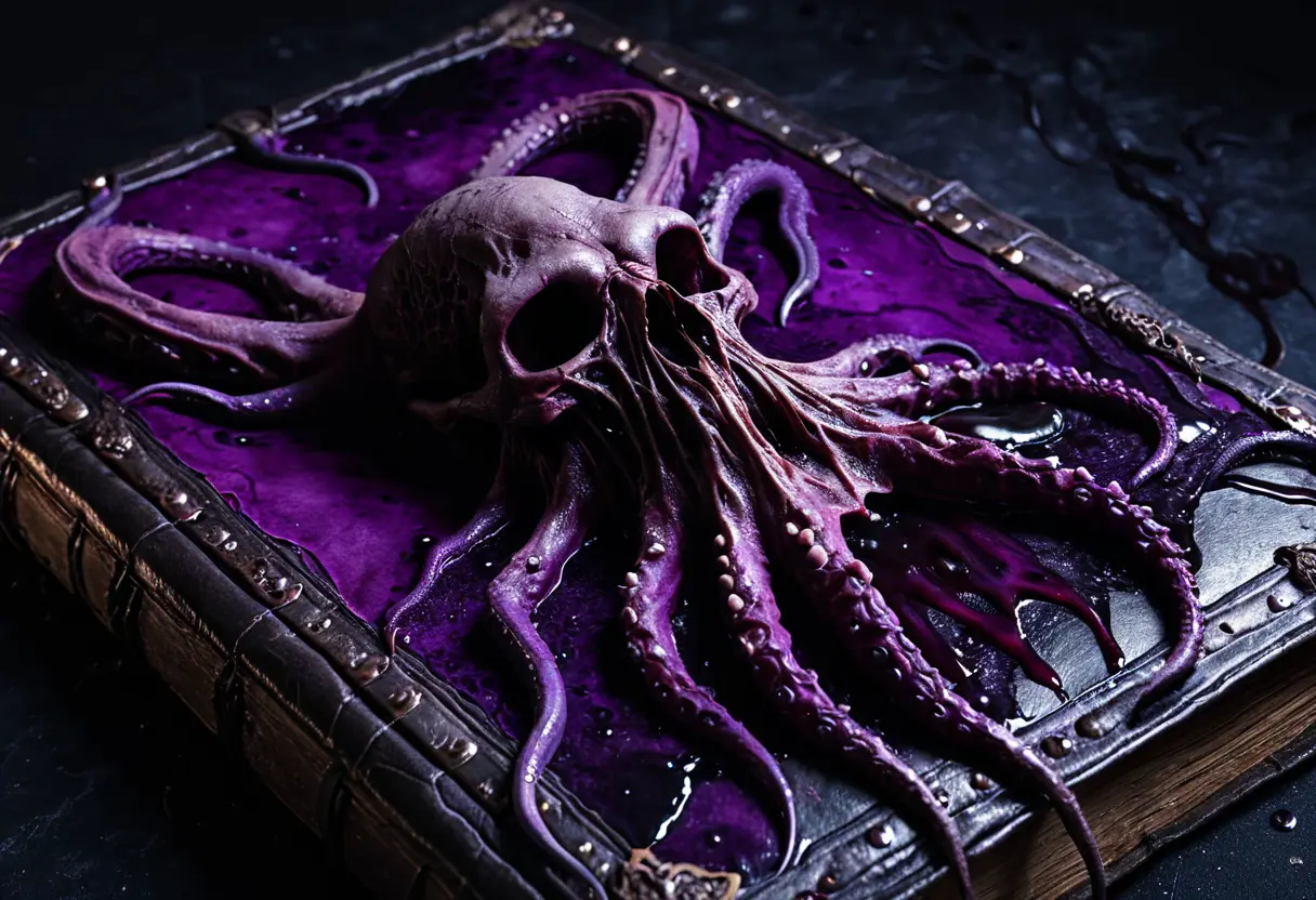 古びた革のような、人の皮膚を思わせる質感の表紙を持つ禁断の書。ページからは黒い触手が漏れ出し、不気味な紫色の光を放っている。