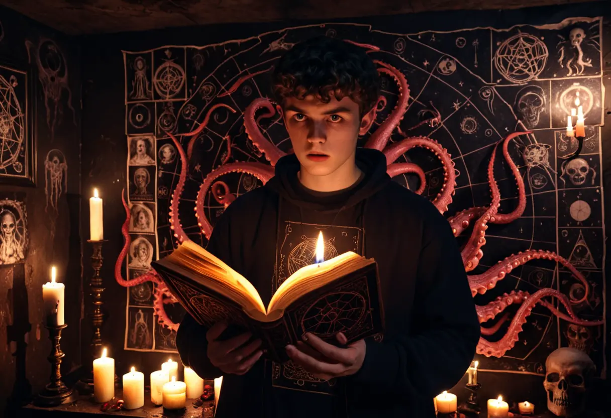 現代の地下室。ろうそくの光に照らされた若者が、ネクロノミコンのレプリカを広げ、背後の壁に投影された名状しがたい影に向かって祈りを捧げている。