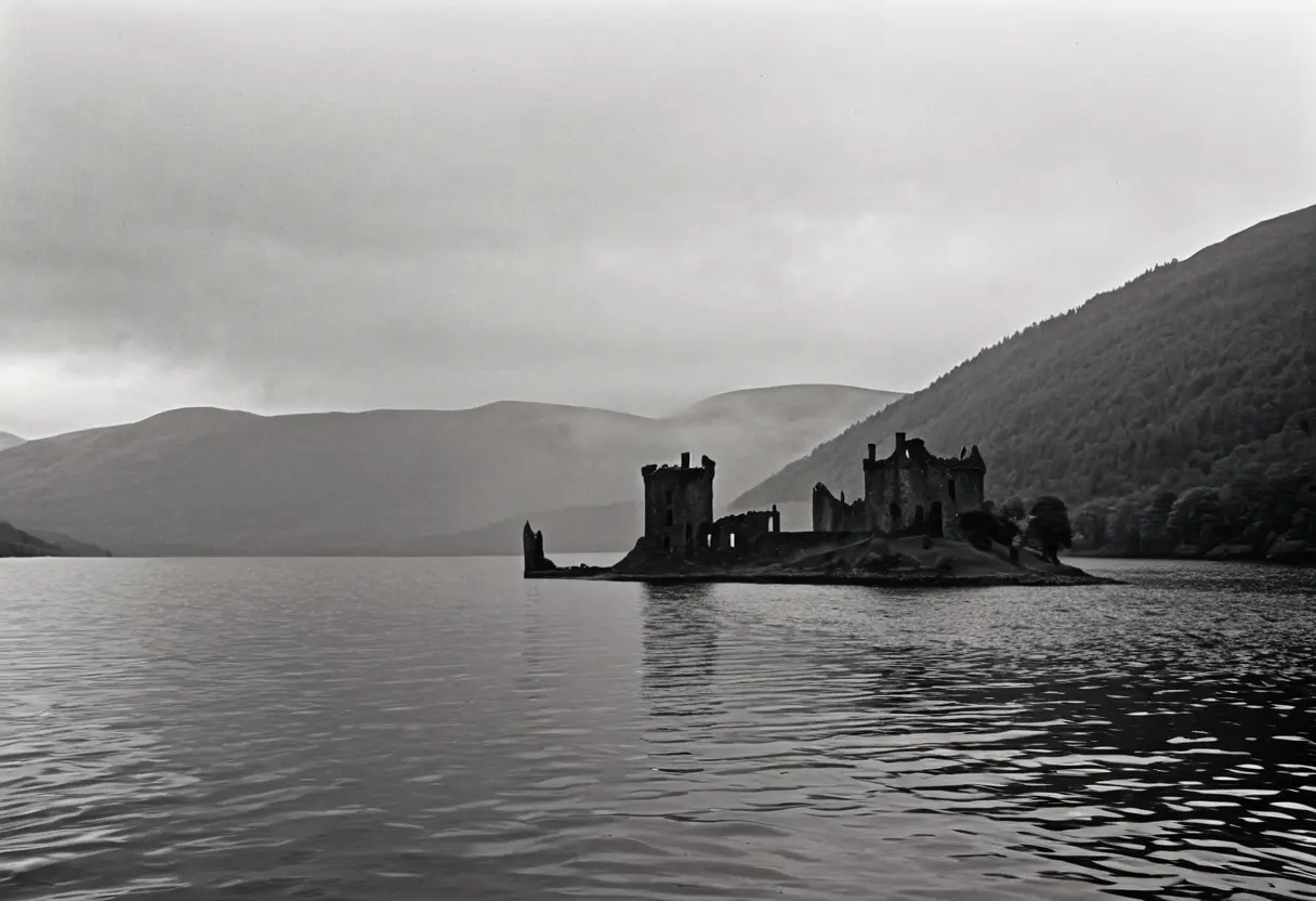 霧のかかったネス湖。水面から突き出している細長い首。
